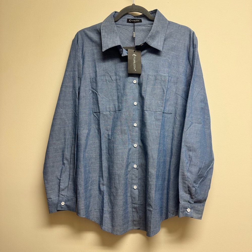 Fuinloth Blue Button Down Shirt Women’s NWT Size L